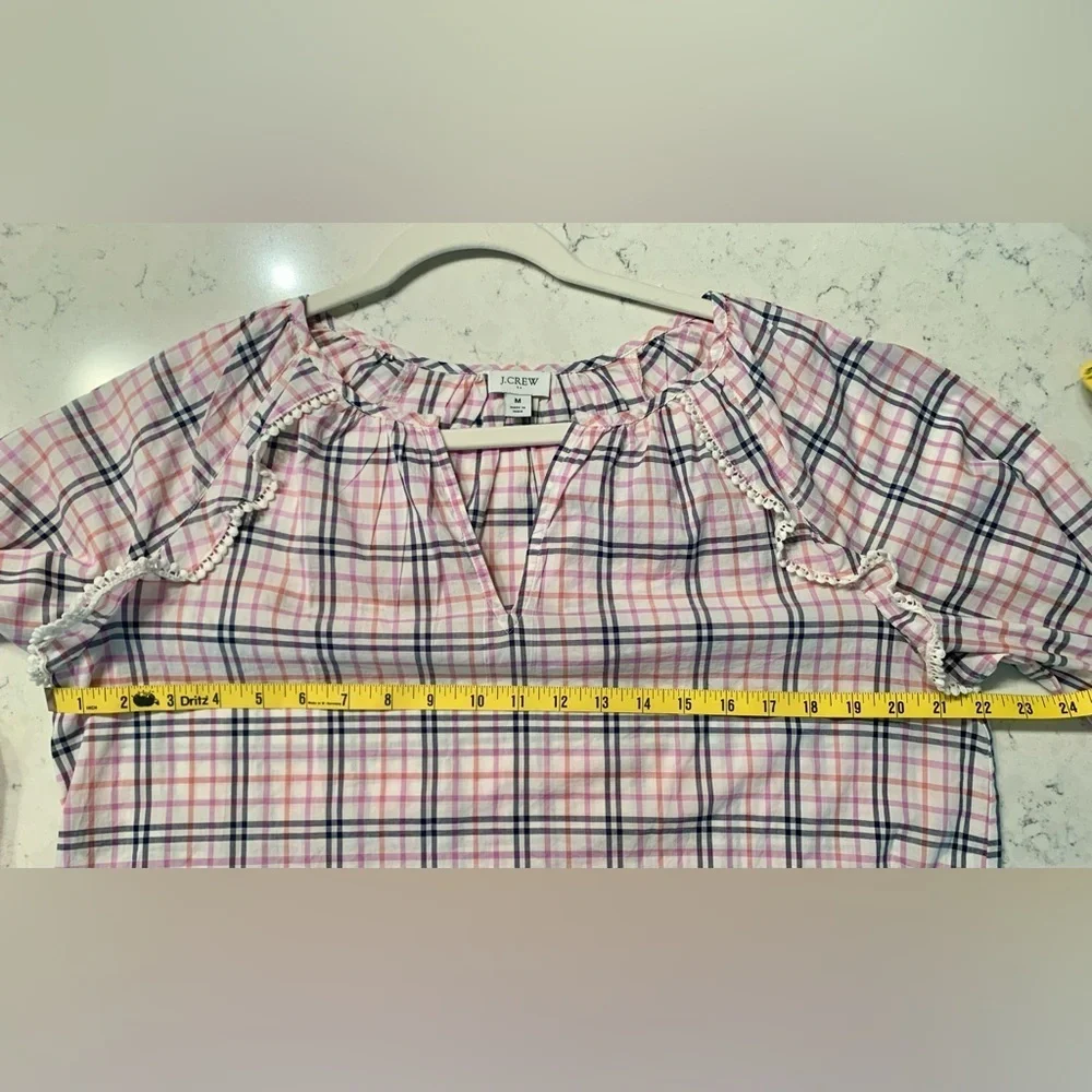 J. Crew Plaid Ruffle Trim Peasant Top Warm Ivory Rose - Size M